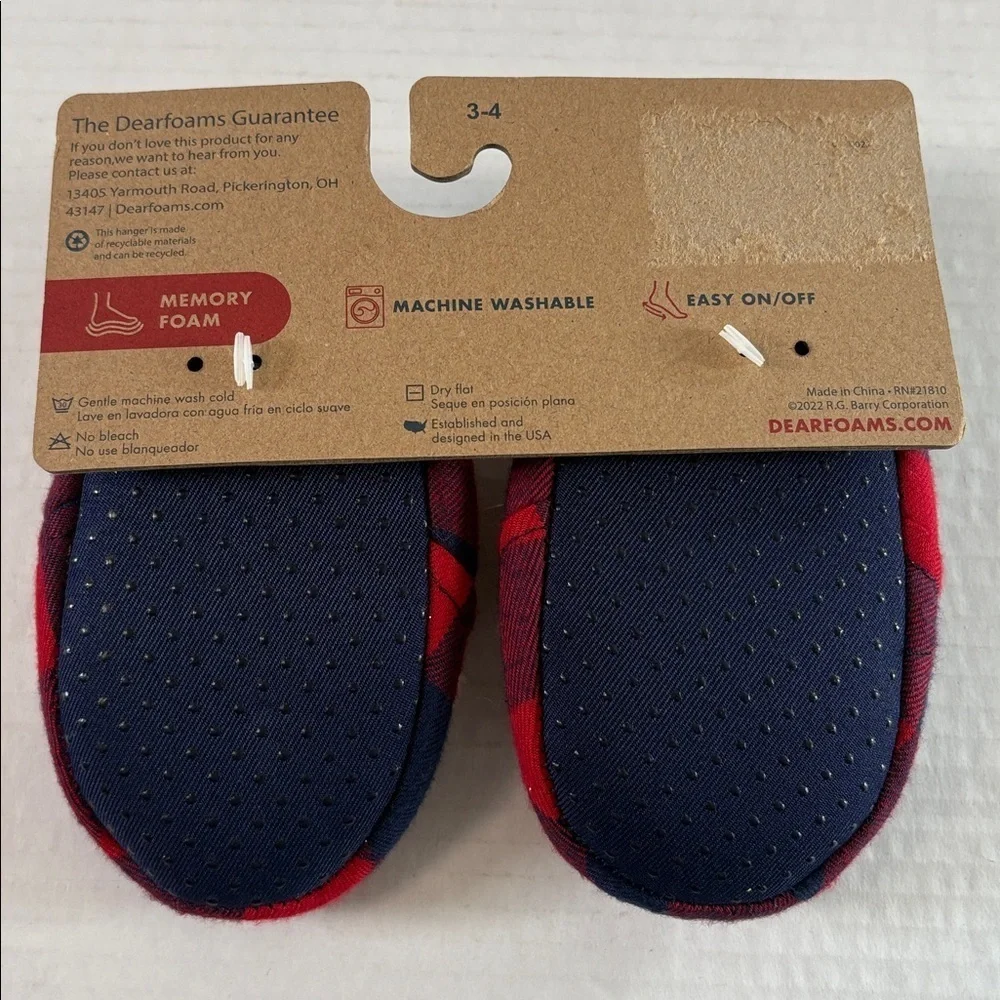 Dearfoams Baby Bear Red Blue Plaid Baby Slippers Memory Foam Size 3/4